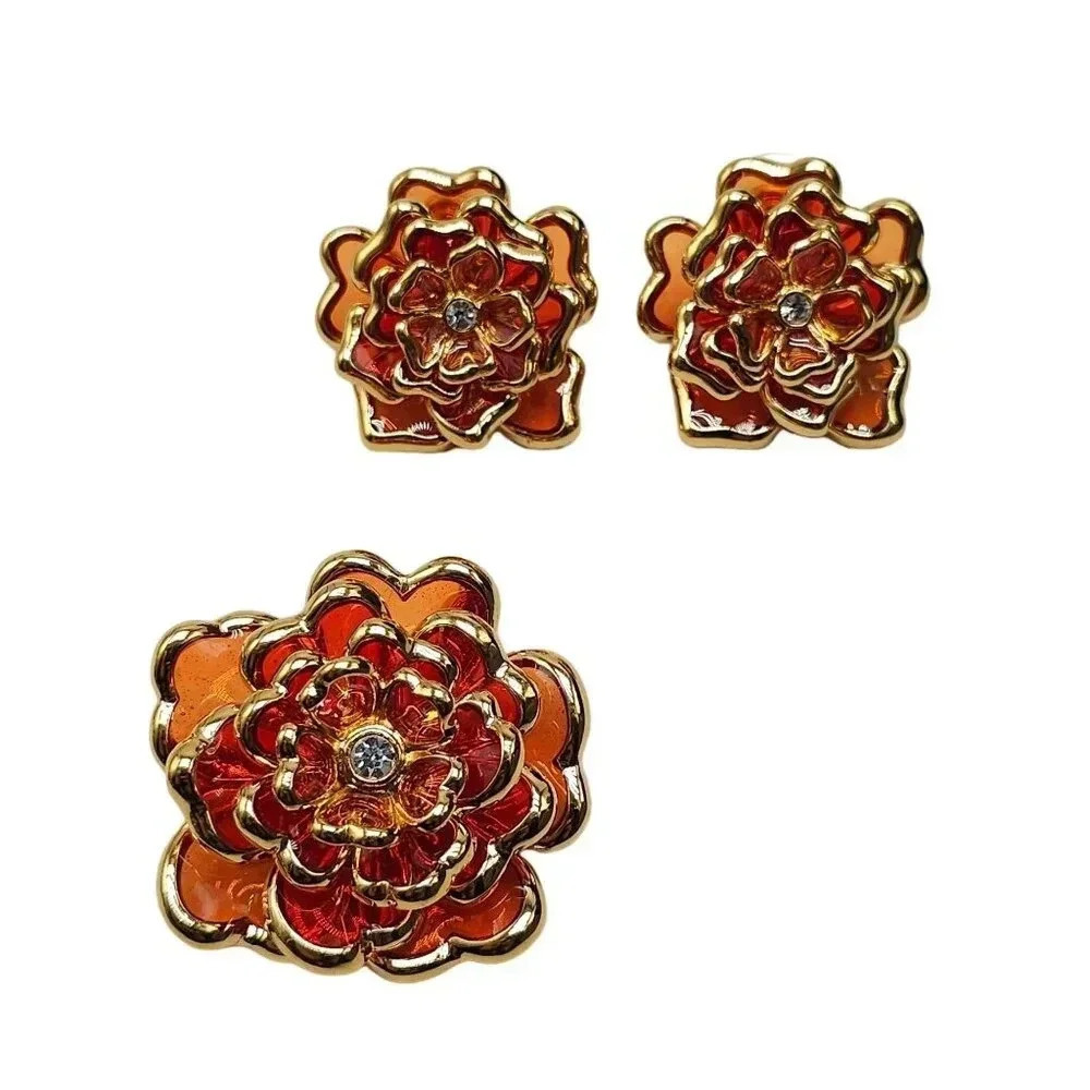 Joan Rivers Orange Plique A Jour Carnation Flower Brooch Earrings Set